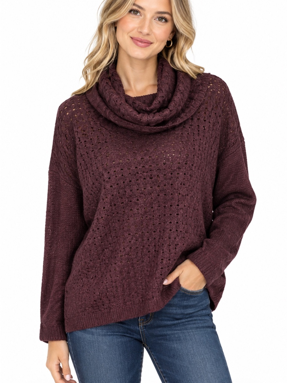 89th & Madison Cozy Cowl Neck Sweater - Plum